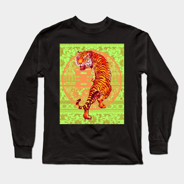 Hong Kong Orange Double Happiness Tiger with Lime Green Floral Pattern - Animal Lover Long Sleeve T-Shirt by CRAFTY BITCH